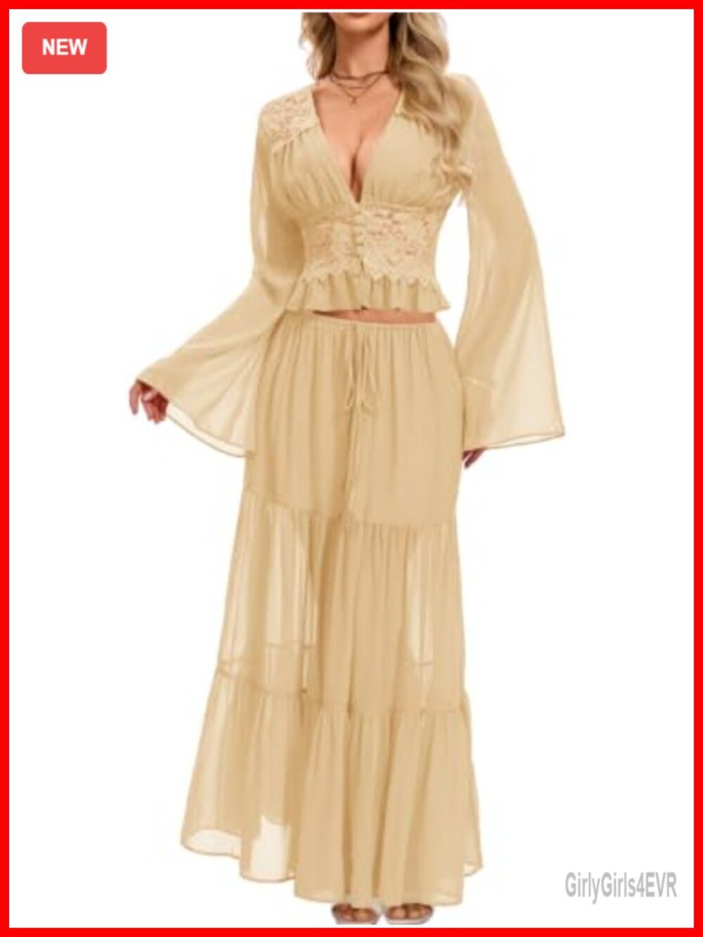 Two Piece Top Maxi Skirt Set ChiaoLezhee Womens Lace Ruffle Boho Bell Sleeve